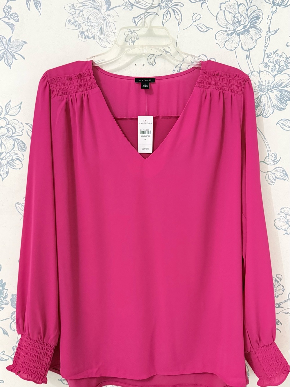 Ann Taylor Hot Pink V-Neck Long Sleeve Blouse